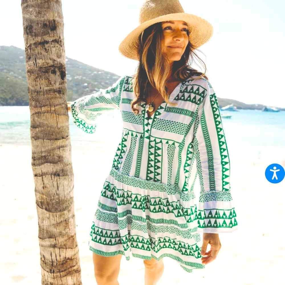 Greek Geometric Green and White Print Dress with Flowy Sleeves- perfect sundress